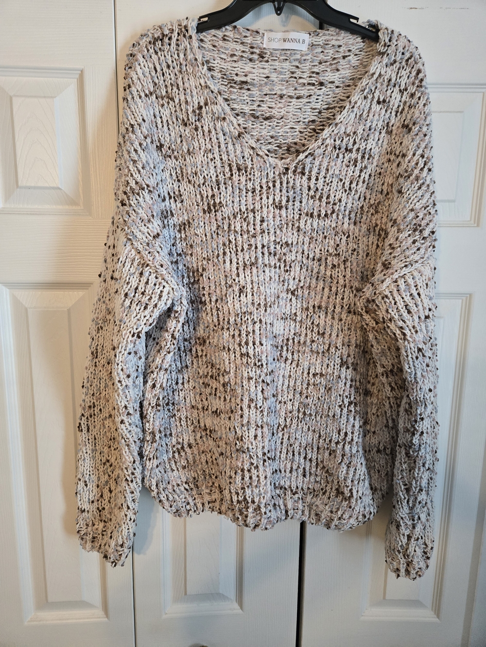 Cream and Brown Marled V-Neck Sweater